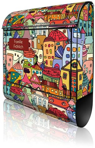 banjado Design Briefkasten personalisiert 38,5x46,5x13cm & 2 Schlüssel - Briefkasten Stahl Schwarz Zeitungsfach pulverbeschichtet - Postkasten A4 Einwurf inkl. Montagematerial - Motiv Funky Town