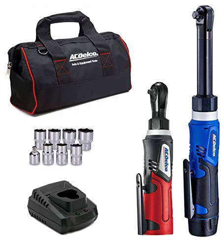 ACDelco ARW1218-K18 G12 Series 12V Li-ion Cordless 3/8” Extended Rachet Wrench & ¼” Ratchet Wrench Combo Tool Kit,Blue/Red