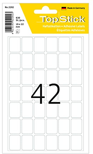 TopStick 2202 hushållsetiketter mini, set med 10 (16 x 22 mm, 150 ark, papper, matt) självhäftande, permanenta multifunktionsetiketter för handskriven märkning, 6 300 klistermärken, vit