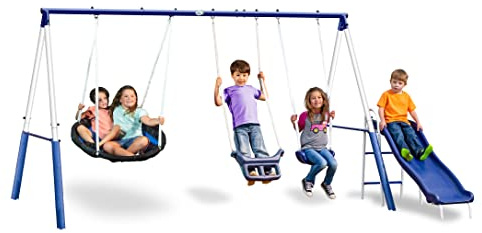 Swingin' More Fun - 5 User / 4 Station Swing Set with 5' Wave Slide, Outdoor for Kids. Easy Assembly Metal Frame Backyard Playground Set. 148 L x 93 Deep x 73 H, by XDP Recreation a USA Company