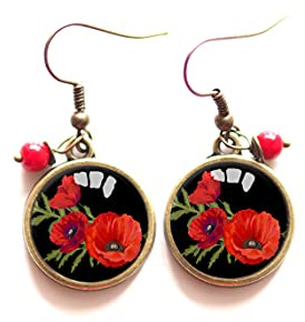 Boucles d'oreilles Bijou Cabochon, coquelicots rouge, noir et bronze