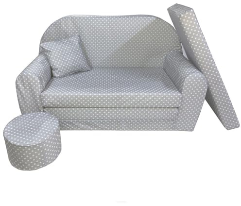 FORTISLINE Kindersofa XXL 2-Sitzer ausklappbar - Kindercouch mit Hocker und Kissen, Kinderzimmer Sofa mit Liegefläche bis 160 cm, Oeko-TEX, hergestellt in der EU, Sterne