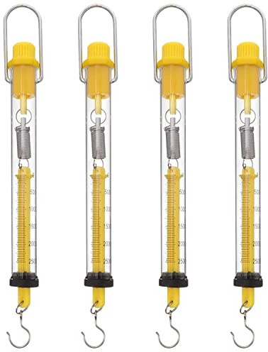 Scientific Federwaage, Kunststoff, röhrenförmig, 250 g/2,5 N Gewichtskapazität, Newtonkraftmesser, Dynamometer, Hakenwaage, Gelb, 4 Stück