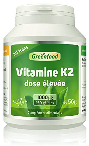 Greenfood Vitamine K2 (MK7, all-trans), 1000 μg, dose élevée, 150 gélules – pour la santé des os et la coagulation du sang. SANS additifs artificiels. Sans organisme génétiquement modifié. Vegan