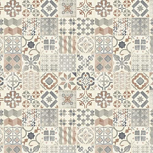 Tile Effect Vinyl Flooring 2.4mm Thick Lino for Bathroom Kitchen Hall (Antique Patterned Tiles, 2m x 3m)