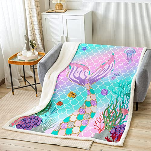 Homewish Decke Kinder Mädchen 150 x 200 Fischschuppen Plüsch Bettdecke Mädchenhafte Regenbogen Sherpa Ocean Life Fleece Blaugrün Funkelnde Pailletten Zimmerdekor Pastell Rosa Lila,Multi 101,150x200cm