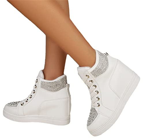 EGSDMNVSQ Sneakers Donna Scarpe da Ginnastica Zeppa Interna Alte Stringate con Tacco Nascosto Casual Scarpe con Strass Pelle Eleganti Moda