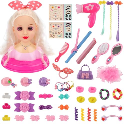 deAO Frisierkopfpuppe für Kinder, Frisierpuppenkopf mit Haartrockner, Frisierkopf für Prinzessinnenpuppen, Zubehör für Haare & Make-up, Spielzeug für Mädchen ab 3 Jahren