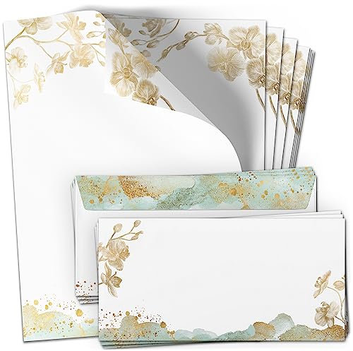 50 Briefpapier und Briefumschlag SET | Orchidee Gold-Look | Papier und Umschlag mit Design-Motiv bedruckt | 90 g/m²