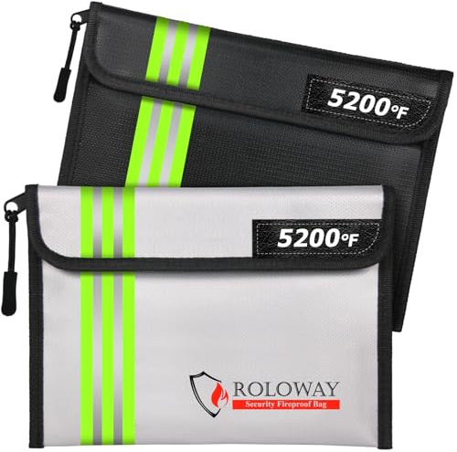 ROLOWAY Feuerfeste Tasche (24,4 x 16,8 cm) 2871 °C wärmeisoliert mit reflektierenden Streifen, feuerfeste Geldtasche mit Reißverschluss für Bargeld, feuerfeste Banktasche, feuerfester Geldorganizer