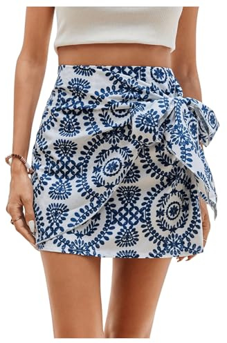 WDIRARA Women's Allover Print Knot Side High Waist Wrap Skirt Zipper Back Boho Mini Skirt Blue and White S