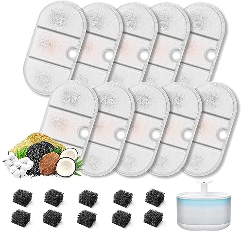 Ouzionz 10 Set Katzenbrunnen Filter für 2,1L Trinkbrunnen,10 Stück Kohlefilter und 10 Stück Schaumstofffilter für 2,1L Katzenbrunnen PlWF002 Ersatzfilter mit Harz und Aktivkohle