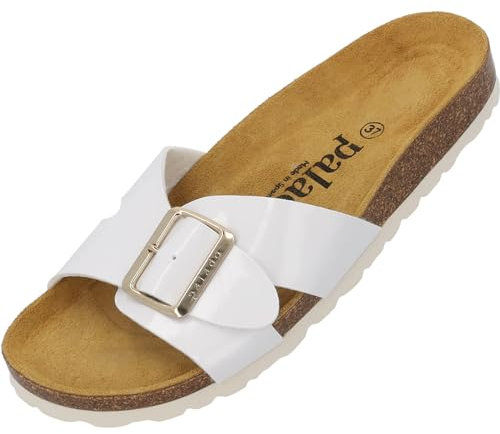 Palado Pantoletten Damen Tinos - bequeme Sandalen Made in Spain - elegante Hausschuhe mit Kork-Fußbett - modische Sommerschuhe Weiß Lack UK6 - EU39
