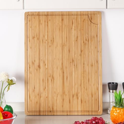 Tablas de cortar de bambú de 24 pulgadas para cocina, tabla de cortar de madera extra grande con ranura profunda para jugo y mango, tabla de cortar sobre el fregadero, bloque de carnicero resistente
