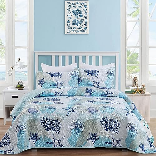Dinjoy Coastal Quilt Set Full Size, Blue Ocean Beach Themed Bedding Set Coral Seashell Conch Starfish Pattern Microfiber Lightweight Summer Bedspread Coverlet Bed Set All Season(78x90 Inch)