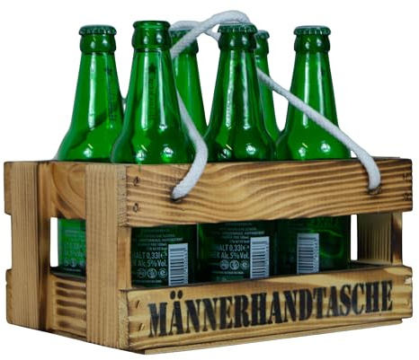 Kistenkolli Altes Land Bierträger mit Griffbändern Männerhandtasche in geflammt mit Platz für bis zu 6 Getränke Bierkiste Holzkiste kleine Tragetasche
