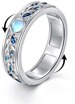 VONALA Moonstone Fidget Anxiety Rings for Women 925 Sterling Silver Leaf Ring Worry Vine Spinner Rings Anti Stress Mood Jewelry Gifts Band Wide 10#
