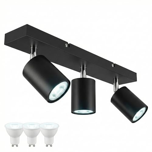 LED GU10 Deckenleuchte 3 Flammig,Deckenstrahler und Wandstrahler Schwenkbar 350°,Spotlight Deckenlampe für Wohnzimmer Schlafzimmer Küche,Schwarz Streifentyp(Enthält 3 x 5W Kaltweiß GU10 Glühbirnen)