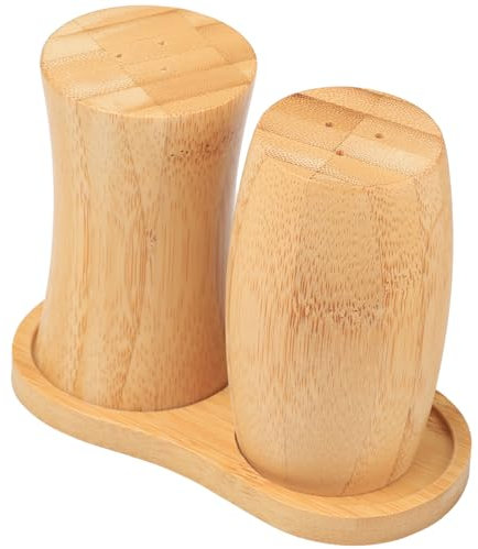 ZTHapwa Juego de saleros y pimenteros, pequeños saleros de bambú con estante base para cocina, camping, barbacoa, granja, estilo rústico para decoración de mesa de comedor, diseño único, 1 onza, juego