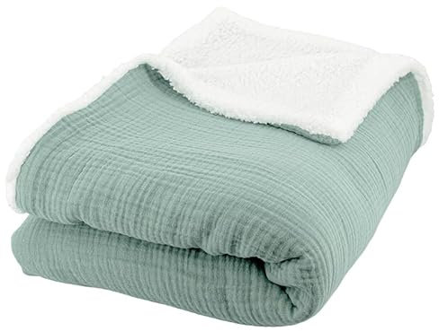 CÔTE DECO Plaid Polaire et Gaze de Coton 130x170, Couverture légère et Douce pour lit ou canapé. (Bleu Amande)