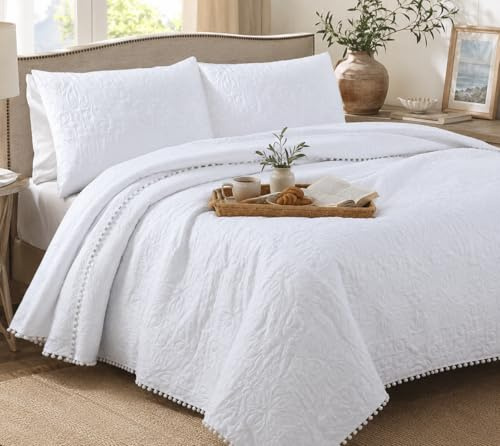 HaraDeco Colcha Blanca Pompones Lisa - Colcha de Verano Ligera con 2 Fundas de Almohada - Cubrecama para Todas Las Estaciones - Hogar y Hostelería - Cama Matrimonio 140/150 cm