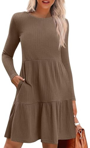 Robe Pull Femme Chic Chaud Pas Cher Couleur Unie Ample Mode Mini Robe en Tricot Femme Hiver Col Rond Manche Longue Leger Chic et Elegant Cadeau de Ma Mère,café,S,F304R