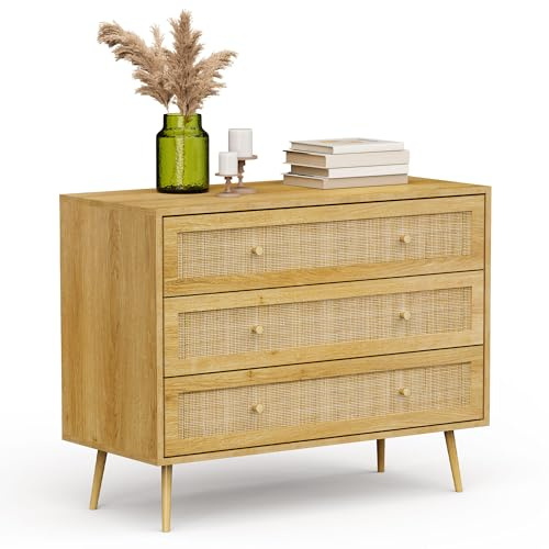 VonHaus Scandi Style 3 Drawer Chest of Drawers with Natural Rattan