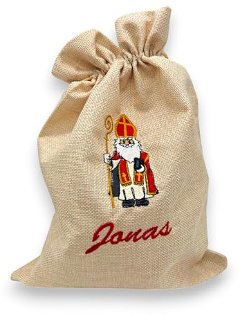 Personalisiertes Nikolaussackerl mit Name - weihnachtliche Bestickung - Motiv röm.-kath. Nikolaus - Nikolaussack - Nikolausbeutel - Jutebeutel