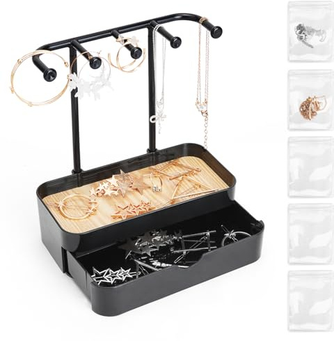 Soporte de Joyas con 5 Bolsas para Joyas, Bicapa Organizador Pendientes con Bandeja, Colgador Collares para Pulseras, Anillos y Mira, Adecuado para la Decoración del Hogar (Negro)