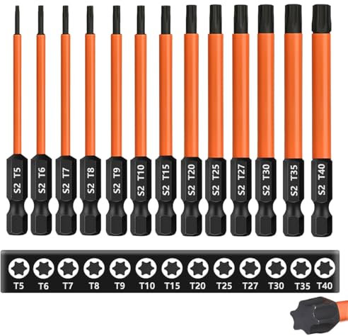 Saipor Set de 13 Embouts Long Torx, T5-T40 Embouts Tournevis Torx S2 Acier, Longueur 75 mm, Tige hexagonale de 1/4 Embout Visseuse Magnétiques Pour Perceuse-Visseuse