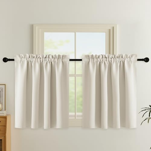 PONY DANCE Scheibengardinen Kurz Thermvorhang Hitzeschutz H135 x B140 cm | 2er Set, Hellbeige, Verdunklungsvorhänge, mit Stangedurchzug, für Wohnzimmer, UV-schutz, Sichtschutz, Blickdicht