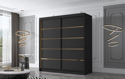 Gaba furniture Gold Series 180 cm Black Sliding Door Wardrobe Widths 100/120/150/180/200/250 cm Furniture for Bedroom Living Room Wardrobe with Hanging Rail White/Black/Cashmere