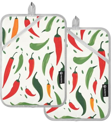 Lot de 2 maniques en coton résistant à la chaleur pour cuisine, pâtisserie, barbecue, rouge et vert, 17,8 x 25,4 cm