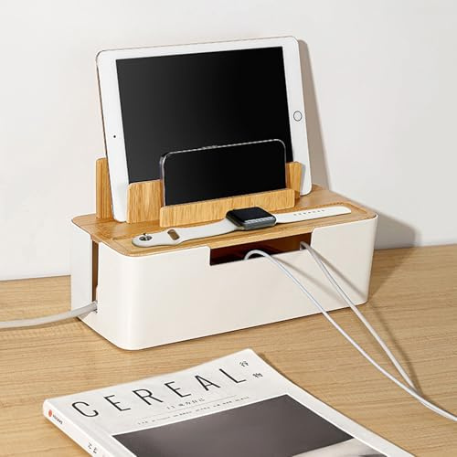 Catekro Cable Management Box With Bamboo Lid Cell Phone Tablet Holder Plug Data Cable Storage Charging Organizer Charger Cord Box For Home And Office Electrical Plug Storage Box(white)