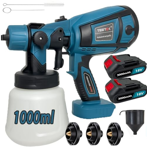 200w Akku Farbsprühsystem, (2X 3000mAh Akku und Ladegerät), Kompatibel mit Makita BL1840 BL1850b, Elektro Lackierpistole mit 4 Düsen, 3 Spritzmuster, mit Abnehmbarem 1000ml-Farbeimer, zum Streichen