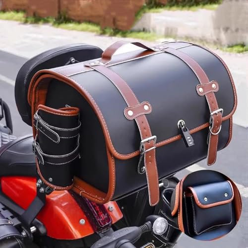 ELNas 33L Motorrad Hecktasche für Suzuki GSX150R 2020-2022, wasserdichte Leder Gepäcktasche mit Zahlenschloss Retro Motorrad Topcase, Zubehör Reisen,E Black+Brown
