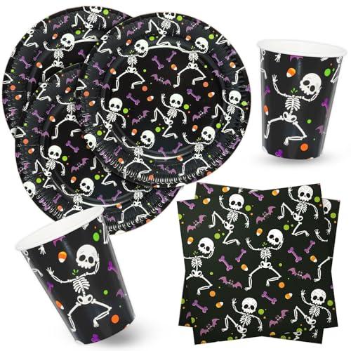 BFB Lot de 52 Assiettess en papier jetables Halloween pour 16 personnes Squelette avec Serviettes et Gobelet de fête
