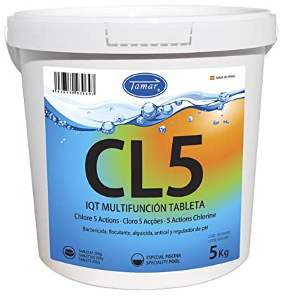 Tamar Cloro 5 Acciones,Tabletas Multifuncion 200 grs,biocida multiacción,Pastillas de disolución Lenta,Mantenimiento Agua Piscina,desinfectante,clarificante,alguicida,regulador pH y antical 5 Kilos