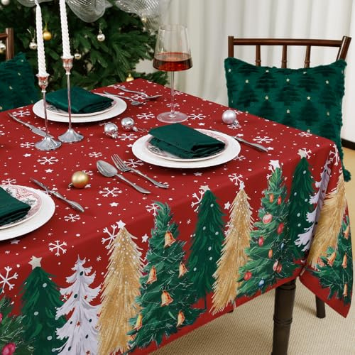 FIBORIA Tischdecke Weihnachten 140x240 cm Rot Weihnachtstischdecke abwaschbare Weihnachts Tischtuch Silvester abwischbare Tischdecken mit Weihnachtsbaum Schneeflocke Weihnachtsdeko für Garten Party