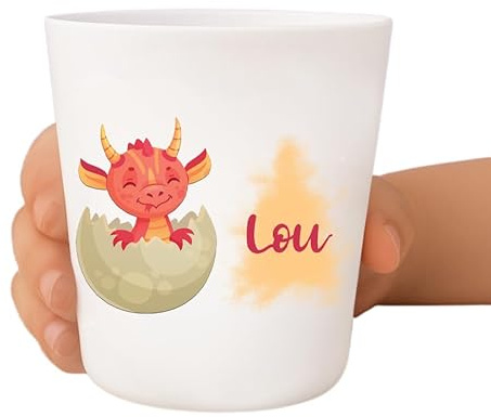 Tendance Cadeau Gobelet enfant personnalisé – Incassable et sans BPA – Prénom + illustration – Résistant aux chocs – Crèche, école, maison – 236 ml (Dragon)