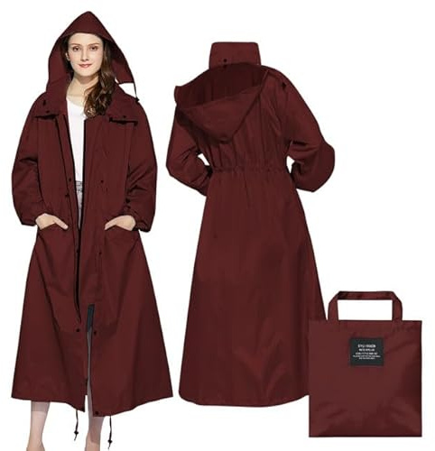 LAMA Elegante abrigo largo impermeable unisex poncho con bolsillo impermeable con cremallera y capucha para adultos ropa de lluvia impermeable para hombre mujer, rojo, L