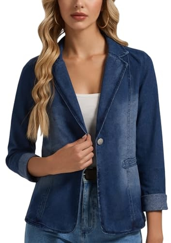 Ellunis Giacca Blazer in denim da donna, con risvolto dentellato, a maniche lunghe, casual, da ufficio, giacca in denim, Blu scuro, XXL