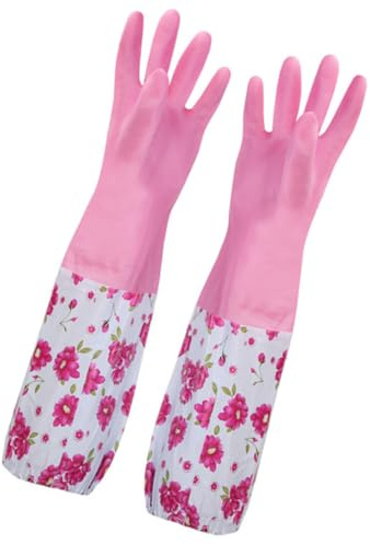 DECORNIJIA Thickened Dish Washing Gloves Flock Lining Long Cuff Kitchen Cleaning Gloves for Household Use for Washing Dishes Pink