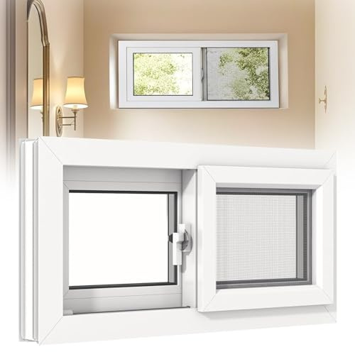 Shed Window, Basement Replacement Window, with Screen and Tempered Glass Aluminum Alloy Sliding Windows Includes Expansion Screws for Chicken Coop Bathroom Playhouse Rv Garage(White,36x12)