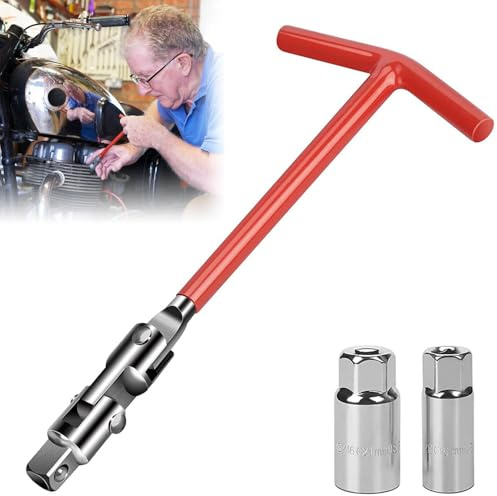 Rakiuty T Bar Socket Wrench,Spark Plug Socket Wrench Set,Spark Plug Removal Tool Kit,Automobile Spark Plug Spanner,Silicone Red T-Bar Handle,Stainless Steel Spark Plug Removal Wrench Tool