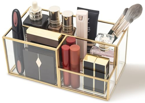 AIMIAO Organizador de maquillaje, organizador de tocador dorado, almacenamiento para cosméticos, cuidado de piel, pinceles, pintalabios, soporte para pinceles de maquillaje, cosméticos para dormitorio