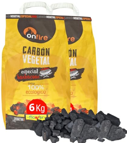 FLOWER Carbon Barbecue Vegetale Biologico 100% 6 KG | Carbone Naturale Senza Additivi Chimici e Fumo Ideale Barbecue, Griglie e Caminetto | Accensione Rapida | Bruciatore Durato | Alto potere calorico