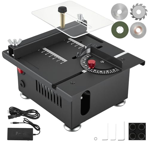 Eirolace Mini Tischkreissäge mit 4 Klingen, 100W Mini Tischsäge mit 7-Gang-Netzteil Einstellbarer, 0,1-16mm Sägeblatt Höhenverstellbarer, Multifunktionale Tragbare Präzisions Kreissäge für Handwerk