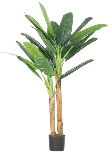 HOMCOM Árbol de Plátano Artificial 150 cm, Planta Artificial Decorativa con Maceta y 2 Troncos, para Decoración del Interior, Hogar, Oficina, Salón, Verde