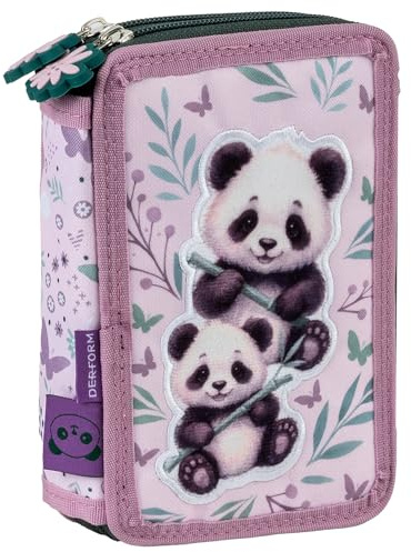 Panda Pandabär Bärchen, 2-Fach Federtasche Federmappe, 27 tlg. gefüllt für Kinder Jungen Mädchen, rose/grün, 21 x 12 x 4 cm